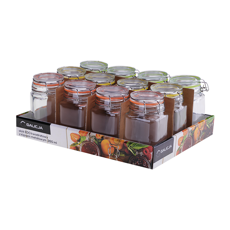 Square jar with metal clip EDO 260ml 35587 (display 12 pieces)